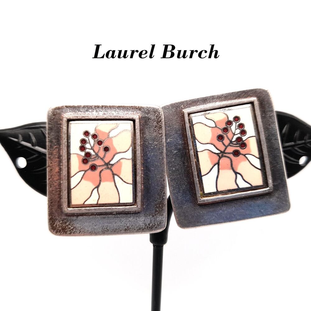 Laurel Burch Pink Flower Clip Earrings, Silver Plate, Cloisonne Enamel, 1980s